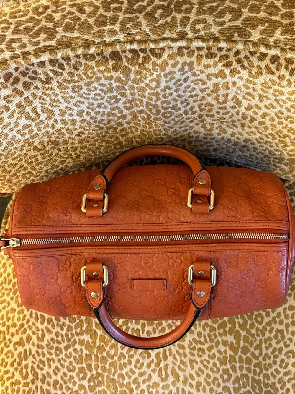 💯Authentic! GUCCI GG Guccissima Medium Joy Boston Bag Brown/Orange/Rust Leather
